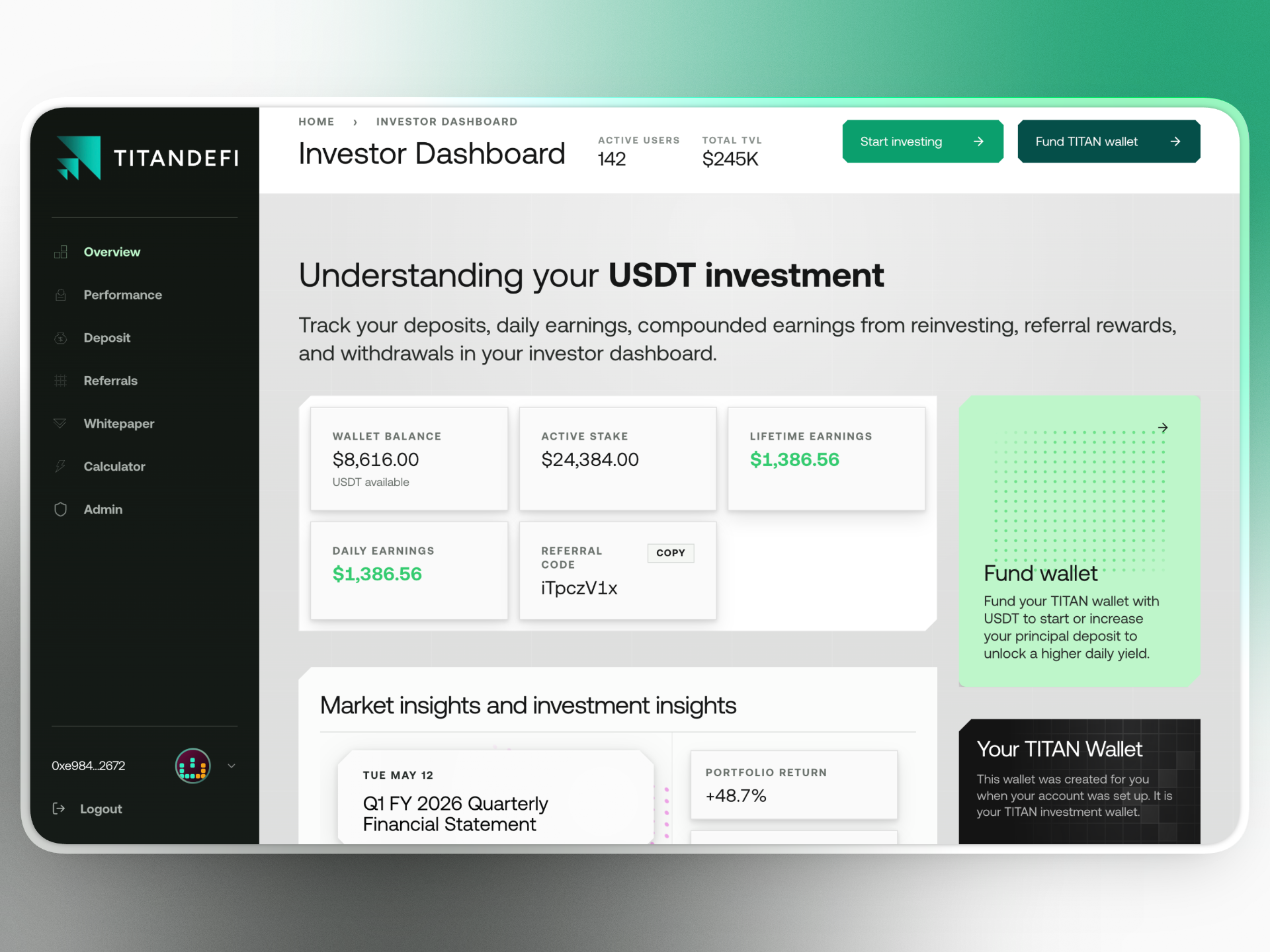 TitanDeFi investor dashboard showing wallet, deposits, rewards, referrals, and protocol growth.